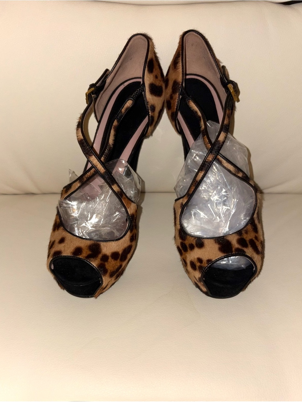 Gucci Leopard Print Peep-Toe Slingback Heels - Brown/Black